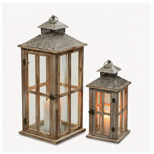 Farmhouse Wooden Decorative <b>Lantern</b> <b>Set</b> of 2 Rustic Distressed Brown Burnt Wood Floor Candle <b>Lanterns</b> with Metal Top For Indoor - Product Image 3