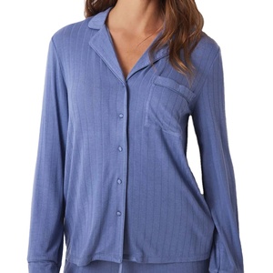 Conjunto de Pijama de Algodón de 2 Piezas para Mujer, Manga Larga, Azul Sólido, Ropa de Dormir Clásica, Cierre de Botones en la Parte Delantera, Cuello Camisero - Product Image 2