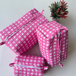 Pink Gingham Toiletry Bag Quilted Storage Box Set Three Layer Cosmetic Organizer Multi Function Textile <b>Case</b> - Product Image 4