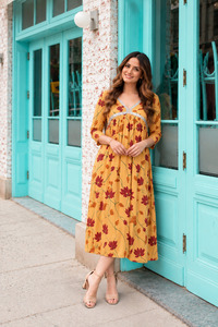 Floral Print V-Neck Midi <b>Dress</b> Three Quarter Sleeve Boho Style A-Line <b>Loose</b> Fit <b>Summer</b> Casual <b>Dress</b> - Product Image 4