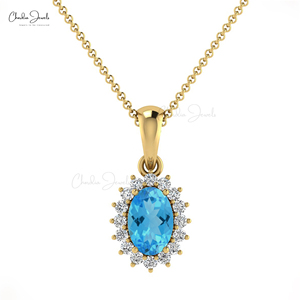 Envío Gratis: Colgante de Topacio Azul Suizo Natural de 6x4mm, Piedra de Nacimiento de Diciembre, con Halo de Diamantes Engastados en Oro Sólido de 14k, Venta al por Mayor - Product Image 3