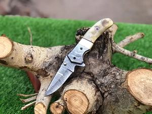 Cuchillo Plegable de Acero de Damasco Hecho a Mano con Mango de Cuerno de Ciervo, Cuchillo de Bolsillo Personalizado OEM para Camping, Funda de Cuero, Regalo para Compañero, Pasha - Product Image 5
