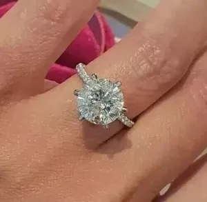 Classic Round Cut Moissanite Engagement <b>Ring</b> 925 Sterling <b>Silver</b> <b>Solitaire</b> <b>Ring</b> Pave Band Women Bridal Jewelry - Product Image 4