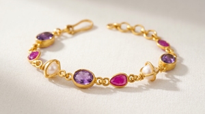 Multi <b>Gemstone</b> <b>Bracelet</b> with Natural Ruby, Amethyst & Pearl in 925 Sterling Silver Gold Plated Bezel Set Link <b>Bracelet</b> - Product Image 2