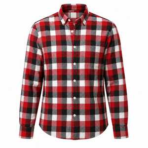 Camisa de Franela a Cuadros de Manga Larga para Hombre, Corte Regular, Diseño a Cuadros, Rojo, Negro, Blanco, Tejido de Sarga - Product Image 1