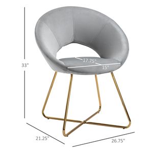 Poltrona in Velluto Grigio con Schienale Curvo Aperto, Design a Schienale Medio, Sedia Imbottita per Vanità con Gambe in Metallo Placcato Oro - Product Image 2