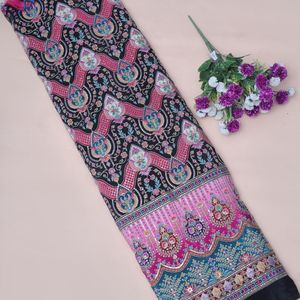 Tela Crepé Ligera con Patrón Floral Negro Medianoche, 54 Pulgadas, Bordado Elaborado, Material de Borde Daman para Kurtis y Túnicas - Product Image 4