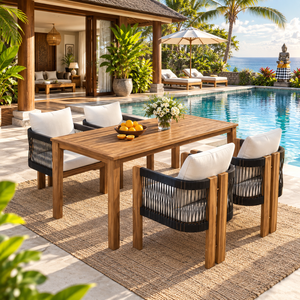 Ensemble de table à manger en bois de teck avec 4 chaises en corde tressée, meubles d'extérieur avec coussins blancs - Product Image 1