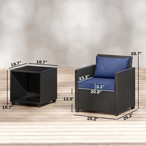 Set Bistrot da Esterno 3 Pezzi con Mobili in Vimini PE Blu Scuro, Cuscini Spessi e Tavolino in Vetro per Giardino - Product Image 2