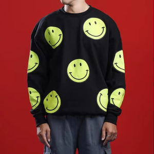 Vente en gros de sweat-shirt ras du cou en molleton 100% coton pour hommes pour Smiley Face sérigraphié avec sweat à capuche et sweat-shirt patchwork - Product Image 1