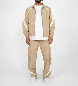 Men's Khaki Windbreaker Tracksuit Set Full Sleeve Sporty Style Turn-<b>down</b> Collar Elastic Waist Regular Fit Autumn Wear - Product Image 1
