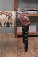 Banc Kilim Fait Main Style Marocain, Siège Rembourré en Bois, Tapis Kilim Indien, Meuble Bohème pour Entrée ou Salon