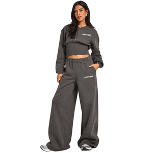 Ensemble de survêtement décontracté deux pièces pour femme : sweat-shirt court à col en V et pantalon de jogging en molleton, coupe décontractée, taille élastique, jambe large, tenue de sport - Product Image 1