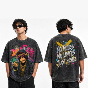 T-shirt surdimensionné personnalisé pour homme, délavé à l'acide, gris anthracite vintage, effet vieilli, avec motif singe de dessin animé, chaîne dorée et graffiti streetwear - Product Image 4