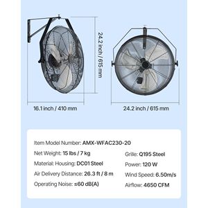 Ventilatore Industriale da Parete da 20 Pollici ad Alta Velocità 4650 CFM, 3 Velocità, Potente, con Spina AU, in Metallo Alluminio per Garage - Product Image 2