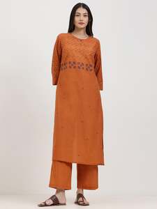 Robe maxi à col rond avec broderie géométrique, manches trois quarts, coupe ample, en lin et coton, décontractée, pour toutes les saisons - Product Image 1