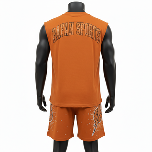 Ensemble short et t-shirt sans manches pour homme, coton doux et polyester, imprimé sport orange, logo personnalisé - Product Image 6