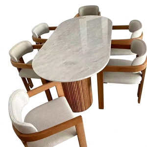 Juego de Comedor Moderno y Duradero Aurevino, Mesa Ovalada de Mármol, Patas de Madera, Sillas Tapizadas en Tela con Respaldo Sólido, Estilo Escandinavo - Product Image 6