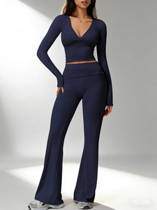 Ensemble de yoga élégant et sexy : haut à manches longues à col en V profond et pantalon évasé taille haute, léger, respirant et à séchage rapide 2 - Product Image 5