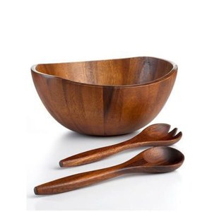 ชามสลัดไม้ทำมือพร้อมช้อนและส้อมเสิร์ฟ ดีไซน์มินิมอลสำหรับใช้ในบ้าน - Product Image 1