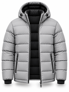 Men's Gray Hooded Puffer Jacket Windproof Casual Zipper Front Polyester Wadding Regular Fit Winter <b>Warm</b> Thick <b>Coat</b> - Product Image 3