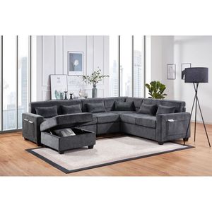 Divano Sezionale Trey 115"W in Ciniglia Grigia con Schienale Regolabile, Porte di Ricarica, Pouf Contenitore Trapuntato e Cuscino Decorativo per Soggiorno - Product Image 4