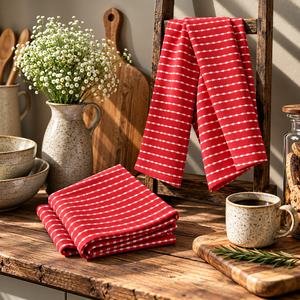 Toalla Promocional Ecológica Tejida a Rayas Rojas y Blancas para Grandes Cantidades y Suministro OEM, Fabricante Indio - Product Image 1