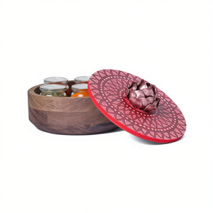Boîte à chapati en bois faite à la main avec organisateur de pots à épices, rangement de cuisine traditionnel, vaisselle de service pour roti et masala - Product Image 2