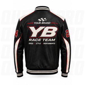Blouson universitaire de course en cuir noir avec logo personnalisé pour homme, blousons bomber en cuir patchwork, broderie, écussons de course, personnalisation de la marque - Product Image 5