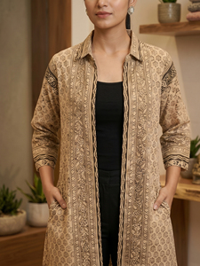Wholesale Beige Color Floral Print <b>Shrug</b> Long Sleeves Turn Down Collar Open Front Pockets Direct Factory Wholesale <b>Shrug</b> Supply - Product Image 5