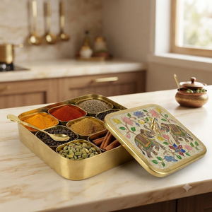 Royal Brass <b>Elephant</b> Enamel Square Masala Box Luxury Indian Spice Container Decorative Kitchen Storage Manufacturer - Product Image 5