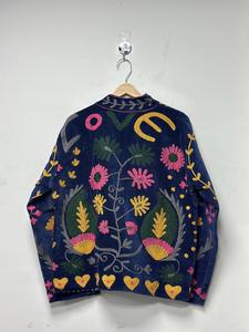 Handmade Dark Blue <b>Velvet</b> Suzani Embroidered <b>Jacket</b> with Floral Pattern Full Sleeve Stand Collar Bohemian <b>Women's</b> Winter Coat - Product Image 2