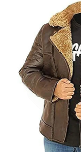 Brown Genuine <b>Leather</b> Moto Jacket <b>With</b> <b>Fur</b> Trim Zipper Closure Winter Warm Casual Outerwear - Product Image 4