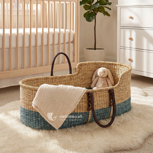 ตะกร้าเด็กทารกทำมือจากหญ้าทะเล ตะกร้าเก็บของสานธรรมชาติ หูจับหนัง เป็นมิตรกับสิ่งแวดล้อม ใช้งานได้หลากหลาย เป็นเป้อุ้มเด็ก - Product Image 6