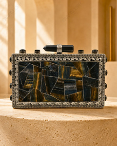 Blue Tiger Eye Gemstone <b>Clutch</b> Purse | Handmade Ornate Floral Natural Stone Minaudiere | Luxury Bridal <b>Wedding</b> Evening Bag - Product Image 1