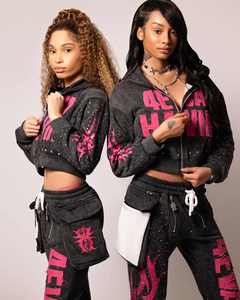 Custom Distressed <b>Embroidery</b> Zip up Hoodie Sweatpants <b>Set</b> Men's Manufacturer Tracksuit Rhinestone Sun Faded Acid Wash Sweatsuit - Product Image 1