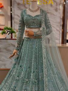Luxury Sea <b>Green</b> <b>Net</b> Lehenga Choli Set Heavy Sequins Zari Embroidery Full Sleeve Indian Pakistani Winter Party Bridal Wedding - Product Image 2