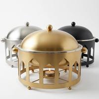 Lujoso Plato Redondo Árabe para Calentar Comida, Base de Metal Dorado Mate con Diseño de Arco, para Buffet de Ramadán, Calentador de Sopa, Unidad Individual