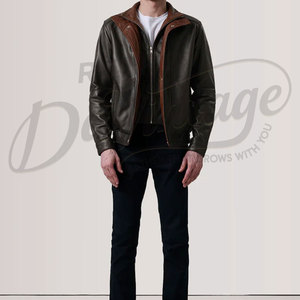 Chaqueta de Cuero Personalizada para Hombre, Dos Tonos Verde y Marrón, Cuello en V, Estilo Racer, Corte Ajustado, Piel de Oveja Auténtica, Chaqueta de Motociclista, Uso Casual - Product Image 3