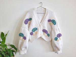 <b>Women's</b> <b>White</b> Hand Knitted <b>Cardigan</b> With Mushroom Appliques Puff Sleeve V Neck Crop Length Casual Sweater - Product Image 3