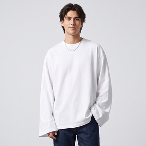 Men's White O-Neck Oversize 100% Cotton T-Shirt Full Sleeve 100% Cotton <b>TShirts</b> Mens Drop Shoulder Long Sleeve Tee Shirt Mens - Product Image 1