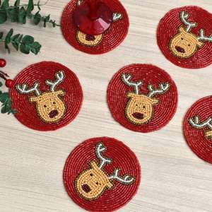 Sous-verres et sets de table antidérapants en polyester et coton rouge, motif renne de Noël bohème, 300 mm de diamètre, 3 mm, écologiques, faits à la main, pour boissons - Product Image 3