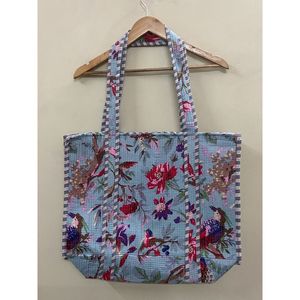 Bolsa de Mano de Algodón con Estampado Floral Azul, Estilo Bohemio, Abierta, para Compras, Uso en Todas las Estaciones, Ligera y Moderna - Product Image 6