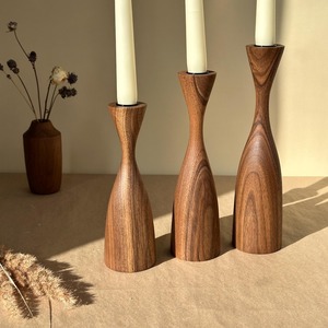Elegant Turned Wood Candlestick Holder Set Featuring Three Flared Design Pieces Holding Tall <b>Taper</b> <b>Candles</b> For Rustic Home Decor - Product Image 2