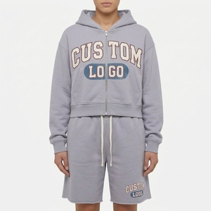 Ensemble sweat à capuche court zippé et short pour homme, avec logo personnalisé, imprimé universitaire vintage, en molleton, deux pièces, survêtement de jogging, tenue décontractée - Product Image 1