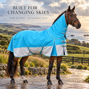 Manta Impermeable y Transpirable para Caballo con Cuello Desmontable 1200D |   Manta Impermeable para Caballo, Color Azul Cielo y Blanco, Ripstop - Product Image 4