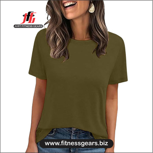 Women's O-Neck Short Sleeve Denim Print T-Shirt Solid Blue Knitted Casual Wear Loose Fit Summer - Product Image 1