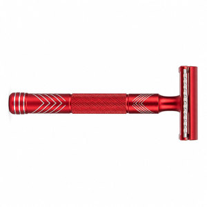 Rasoir de sécurité à double lame rouge, manche en acier inoxydable avec poignée en caoutchouc pour hommes, usage en salon de coiffure - Product Image 2
