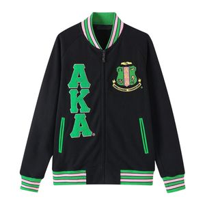 AKA Fleece Letterman <b>Jacket</b> Black Green <b>Pink</b> Varsity Style Embroidered Chenille <b>Jacket</b> Unisex College Fashion Outerwear - Product Image 1