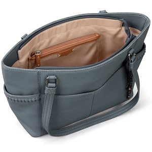 Modern Gray Leather <b>Tote</b> <b>Bag</b> With Front Pocket And Charm Keychain Handles Eco Friendly Woven Design OEM Supplier - Product Image 6